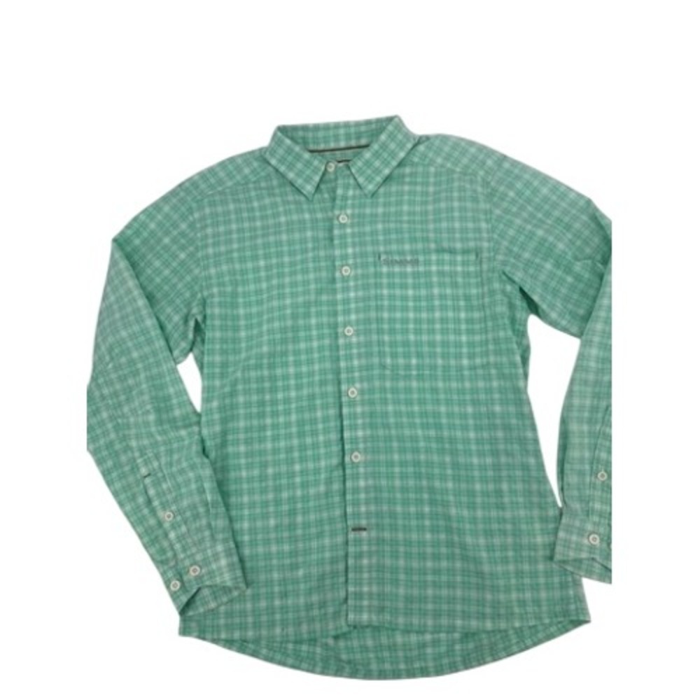 Simms Fishing Shirt Mens Small Green Plaid Long Sleeve Button Down